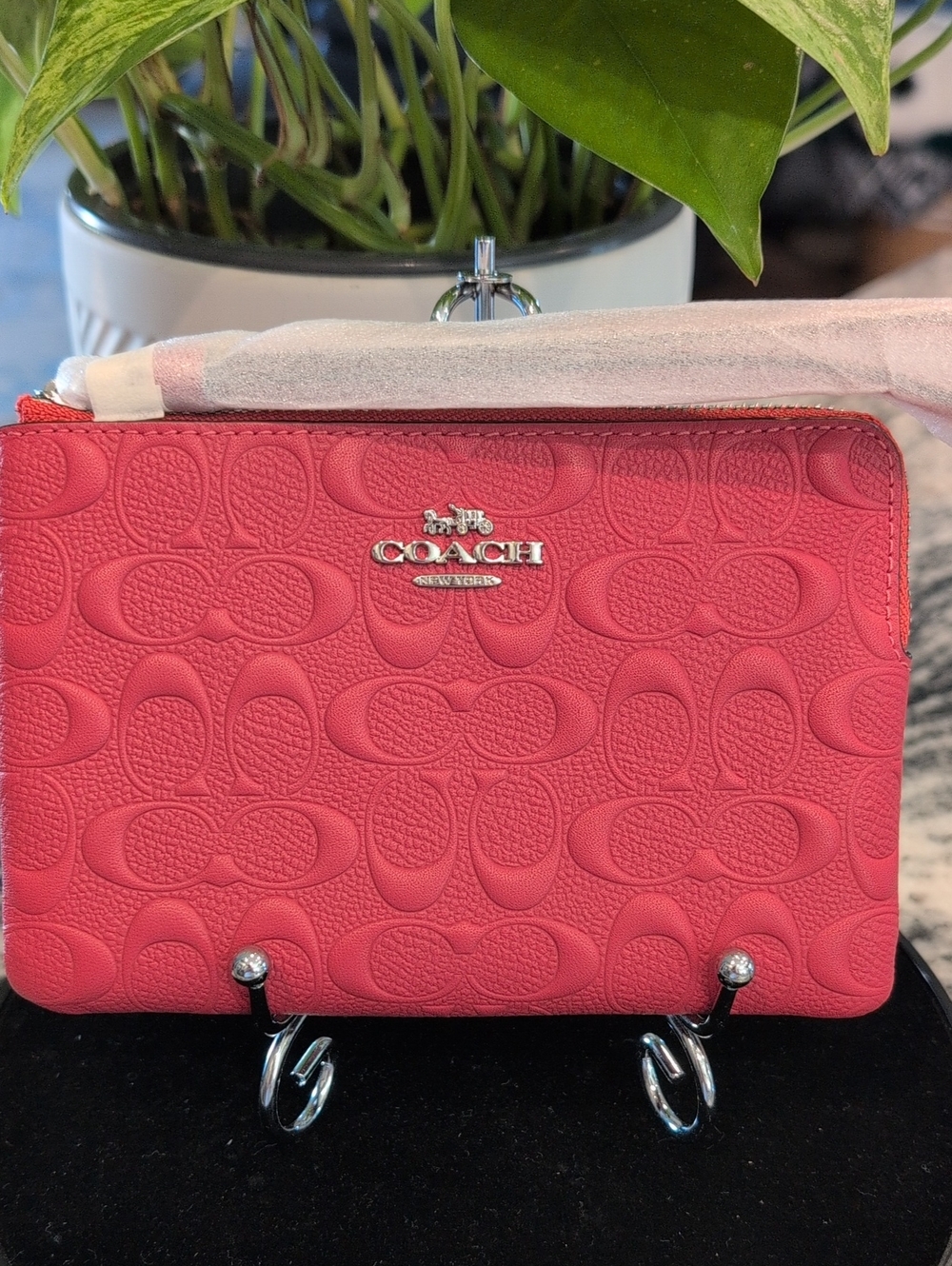 COACH Embossed Signature Crossgrain Leather Corner Zip Wristlet